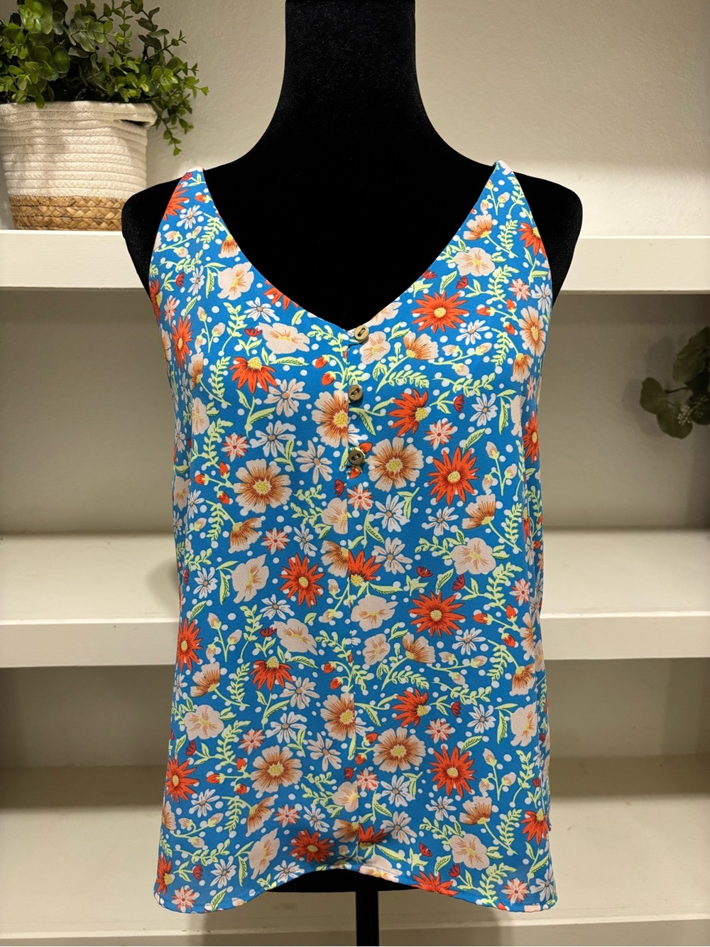 LOFT Blue Floral V-Neck Camisole with Button Accents